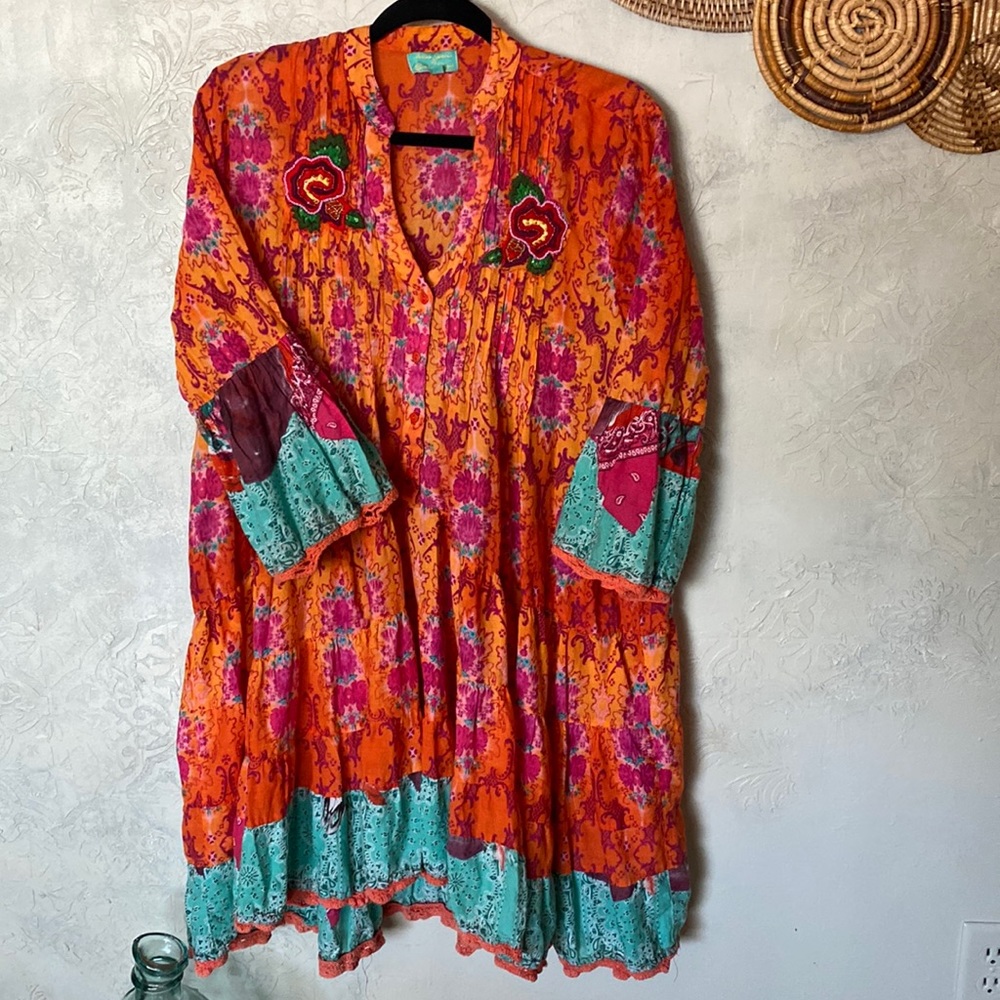 Amtica Santoria by Giacomo Cinque Boho Embellished Colorful Cotton Dress OneSize